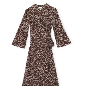 GANNI  printed crepe midi wrap dress - chocolate
